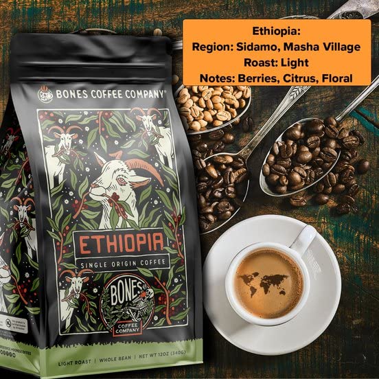Bones Coffee Company Ethiopia Single-Origin, Citrus, Floral and Berries Notes, Ground Coffee Beans, Low Acid Light Roast Arabica Beans Flavored Coffee, 12 oz Ground