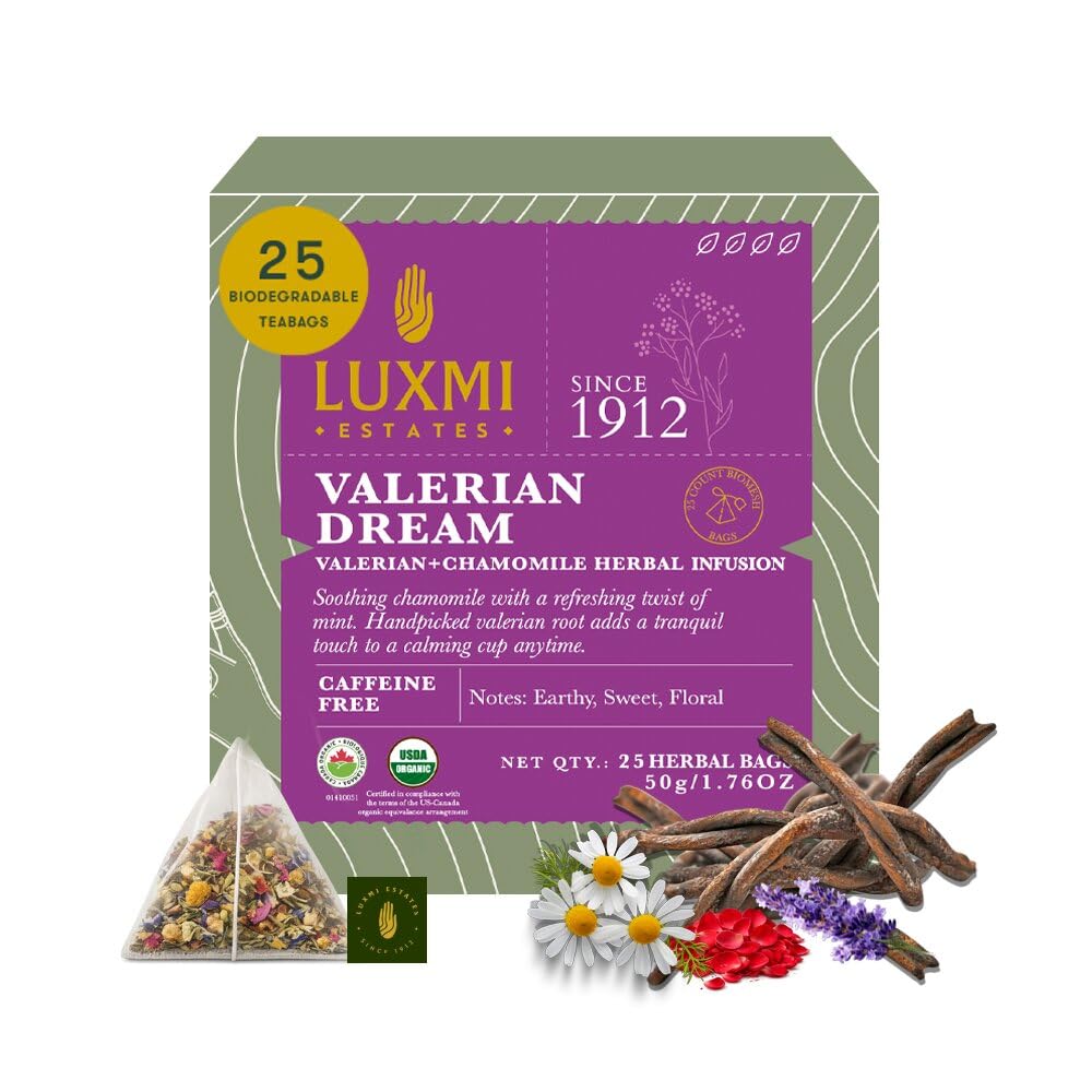 Luxmi Estates Valerian Dream Tea | 25 Pyramid Tea Bags (50g, 1.76oz) | USDA Organic Five-Herb Blend with Valerian Root, Chamomile, Lavender, Rose Petals &amp; Peppermint | Caffeine-Free, Vegan