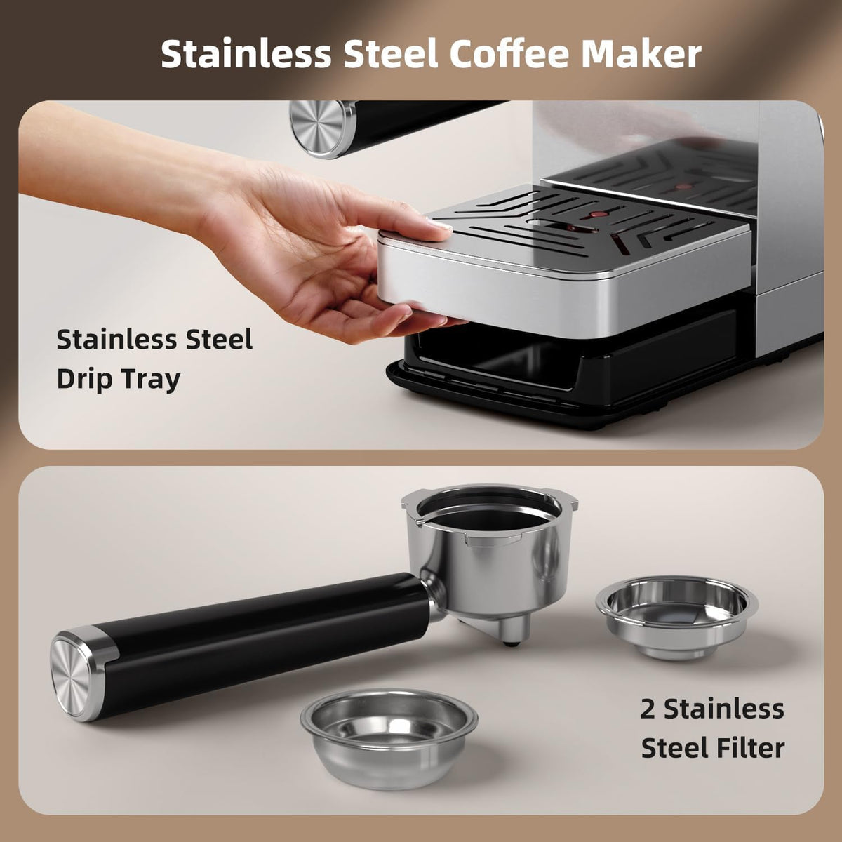 Electactic CM8032SH Essential Stainless Steel Espresso Machine with Steam Wand, Powerful 20-Bar Italian Pump, 37oz Removable Water Tank, Compact Espresso Maker for Home Baristas, Cappuccino &amp; Latte