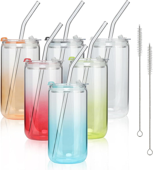 COMI 6pcs Glass Cups with Lids And Straws, Glass Tumbler for Iced Coffee, Drinking Glasses with Two Cleaning Brush,Glass