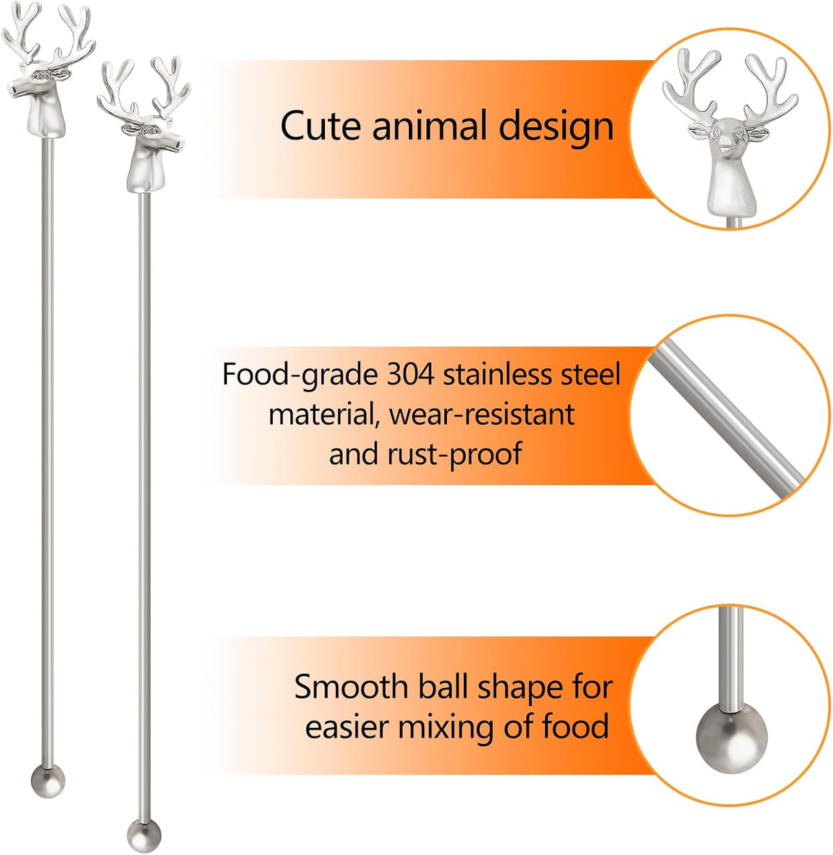 Swizzle Sticks,5 Pcs Stainless Steel Reusable Deer Head Shape Cocktail Stirrer Coffee Beverage Stir Sticks for Cocktail, Whiskey, Hot Cocoa, Creamer (Silver)