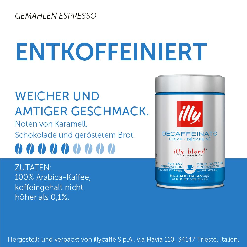 illy Decaf Ground Espresso Coffee, Classico Medium Roast, 8.8 oz | 100% Arabica, Premium Italian Coffee, Pre-Ground for Espresso Machines