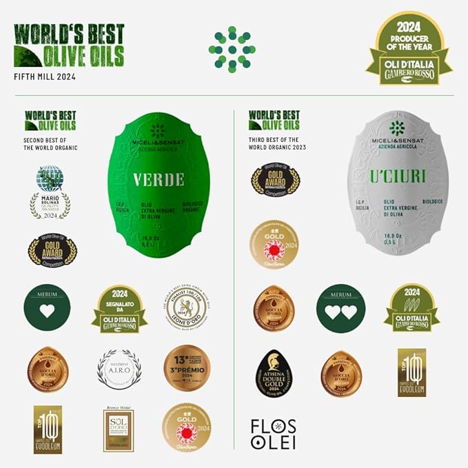 Green Robust Organic 500+ mg/kg Polyphenols Rich Italian Extra Virgin Olive Oil from Italy, 2025 Gold Award, High Antioxidants Peppery Finish, Sicily Certified Origins, Cold Pressed - 16.9 fl oz