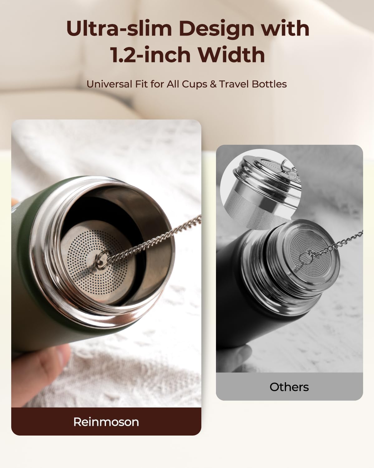 Reinmoson Mini Tea Strainer for Loose Tea Fine Mesh Tea Infuser 1.2”x2.2” | 304 Stainless Steel Tea Ball for Loose Leaf Tea, Updated Slim Threaded Lid, Tea Steeper for Cup, Mug, Teapot, Kettle, Bottle