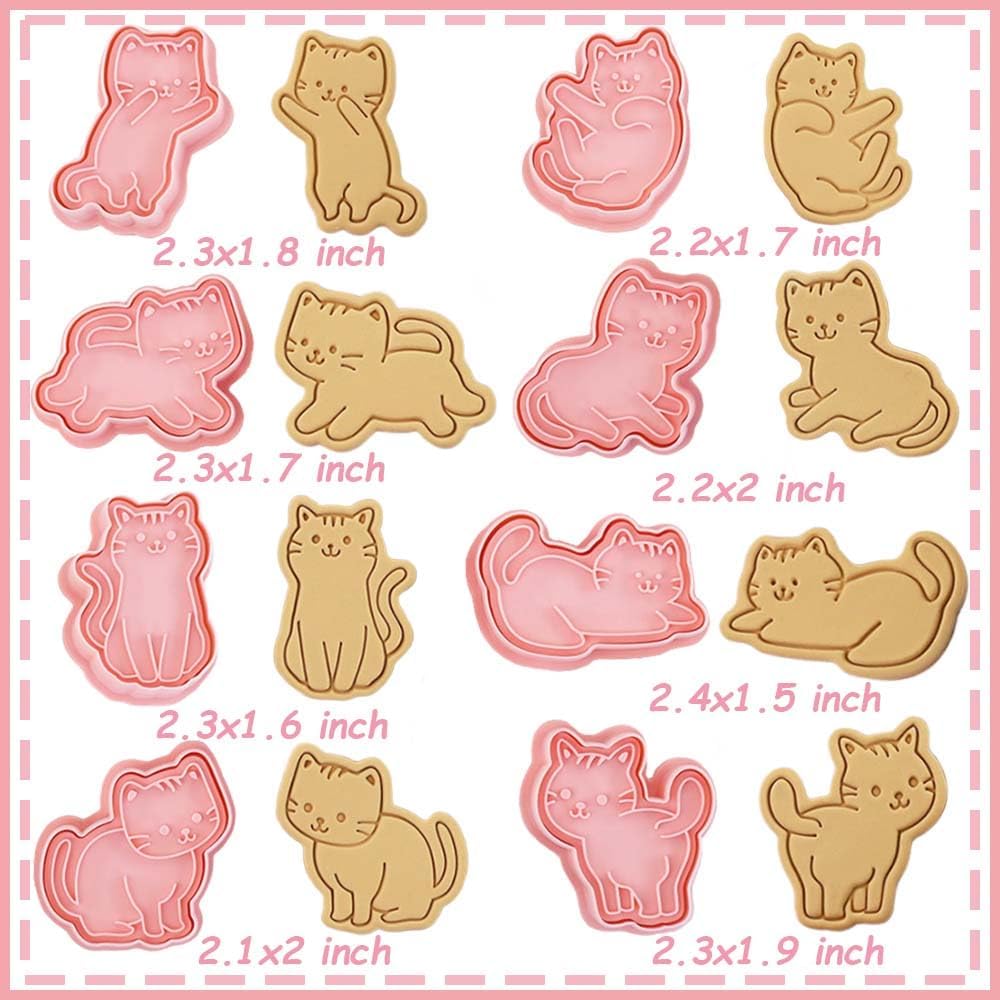 8 pcs Cat Cookie Cutters Set, 3D Cute Kitty Cookie Stamps | Cupcake Pancake Apple Pie Pastry Biscuit Molds, Fruit, Sandwich Cutter, Cookie Baking Molds for Cat Party Decorations
