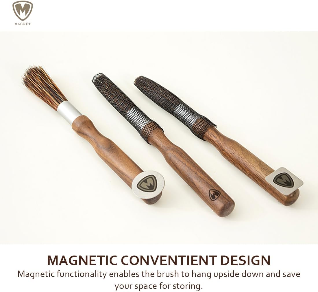 Magnet Professional Coffee Grinder Cleaning Brush Coffee Brush Handling Accessory Tool Walnut Brush Handle Natural Bristle with Magnetic snap for Camping Home Kitchen Barista