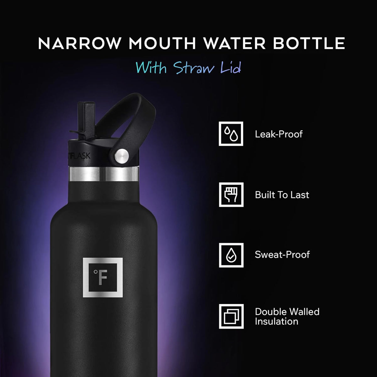 IRON °FLASK 24 oz Narrow Mouth Water Bottle with Straw | Insulated Stainless Steel Sports Water Bottle with Leakproof Straw Lid - BPA Free, Cold 24 Hrs, Sweat Free (Blue Wavess)