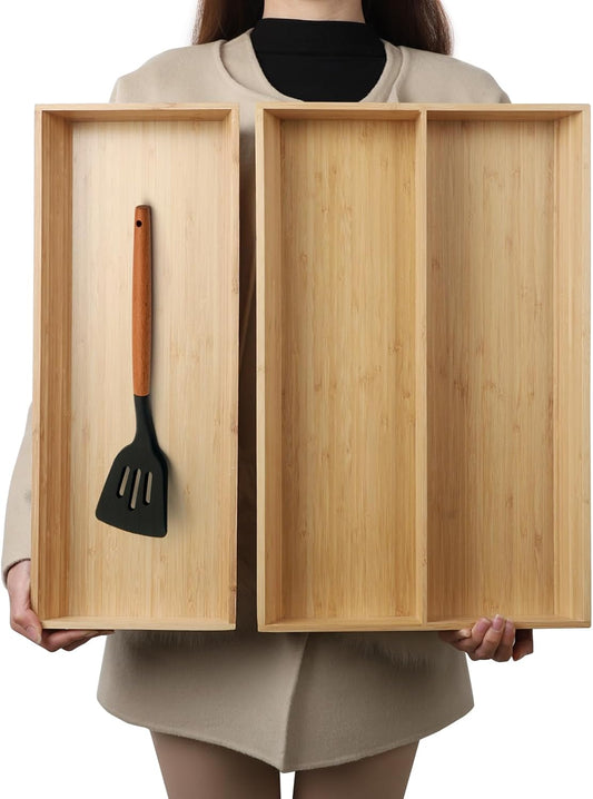 2-Piece V-Shaped Bamboo Drawer Organizer - Ideal for Kitchen's Large Long Tableware, Cooking Utensils, Flatware, Silverware