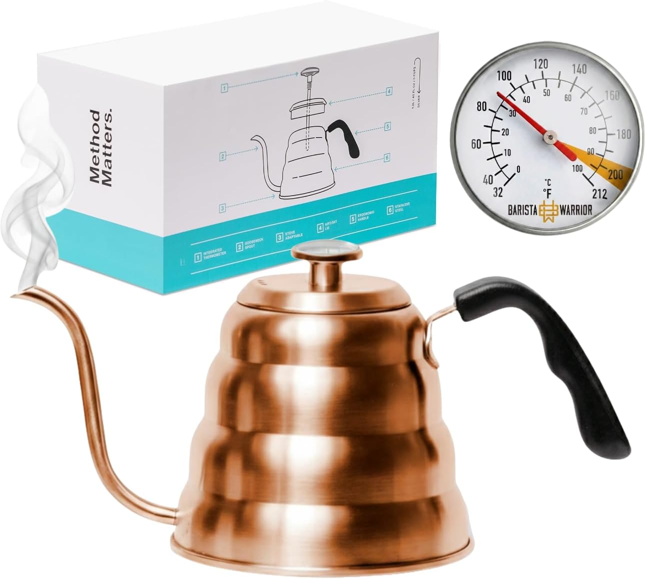 Barista Warrior Gooseneck Kettle with Thermometer - 1.2L Pour Over Coffee &amp; Tea Kettle, Copper Coated Stainless Steel Gooseneck Kettle Pot, Precision Pour Drip Spout, Suitable for All-Stoves (40 floz)
