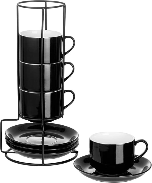 YOLIFE 8oz Porcelain Stackable Cappuccino Cups with Saucers and Metal Stand Set of 4, Coffee cups for Espresso, Specialty