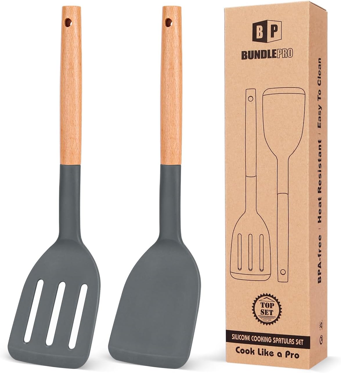Pack of 2 Silicone Cooking Spatula, Heat Resistant Solid Turner, Non Stick Slotted Spatulas with Wooden Short Handle,Ideal Wood Kitchen Utensils Set for Frying, Baking, Flipping, Turning