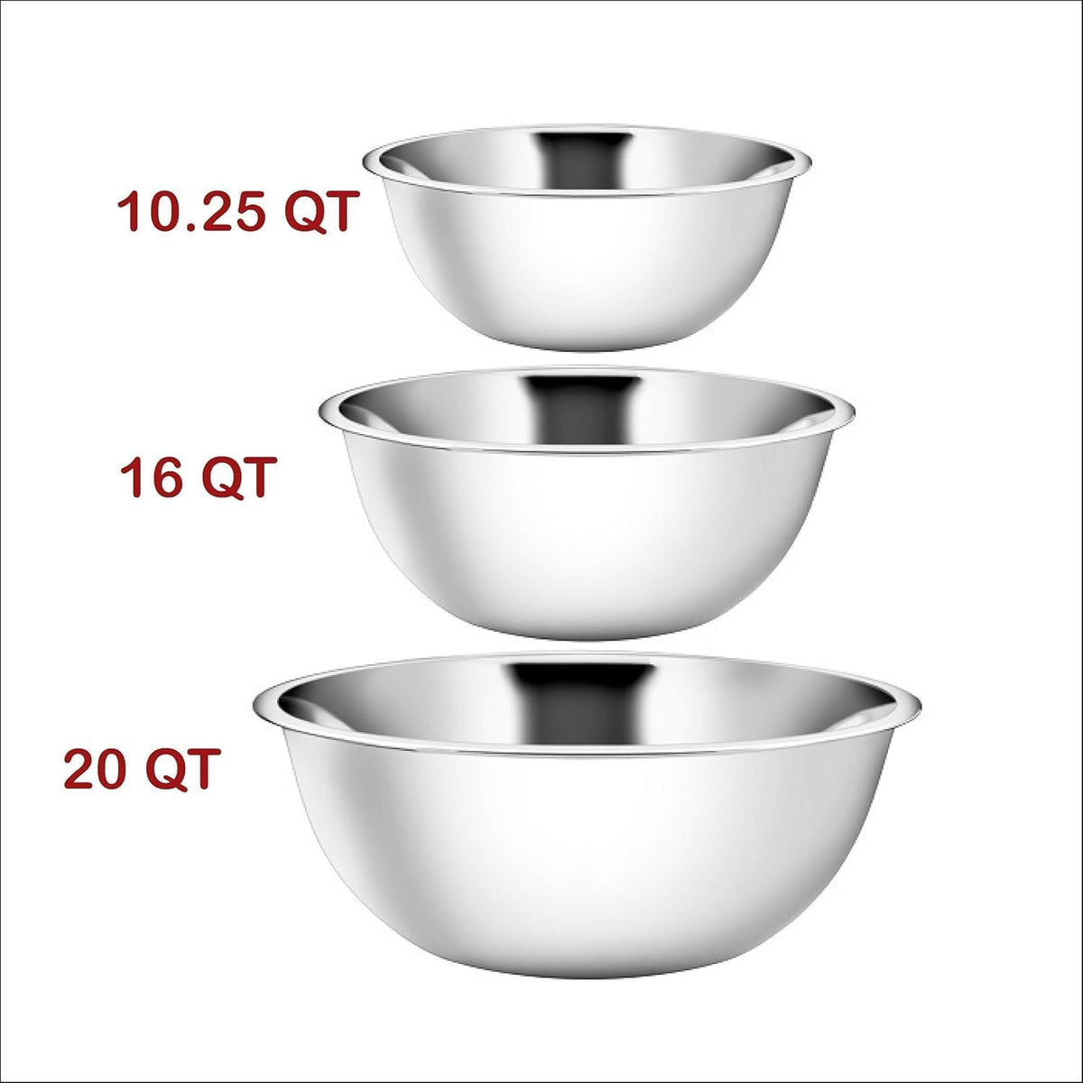 YBM HOME Stainless Steel Mixing Bowls Set of 3 – Nested Kitchen Prep Bowls for Baking, Cooking, Dough Mixing &amp; Salad Serving (10.25, 16, 20 Quart Bowls Included)