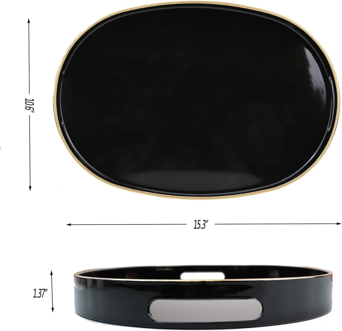 Black Oval Decorative Tray with Handles, Versatile Serving Tray for Coffee Table, Ottoman, Ideal for Serving, Displaying, Organizing