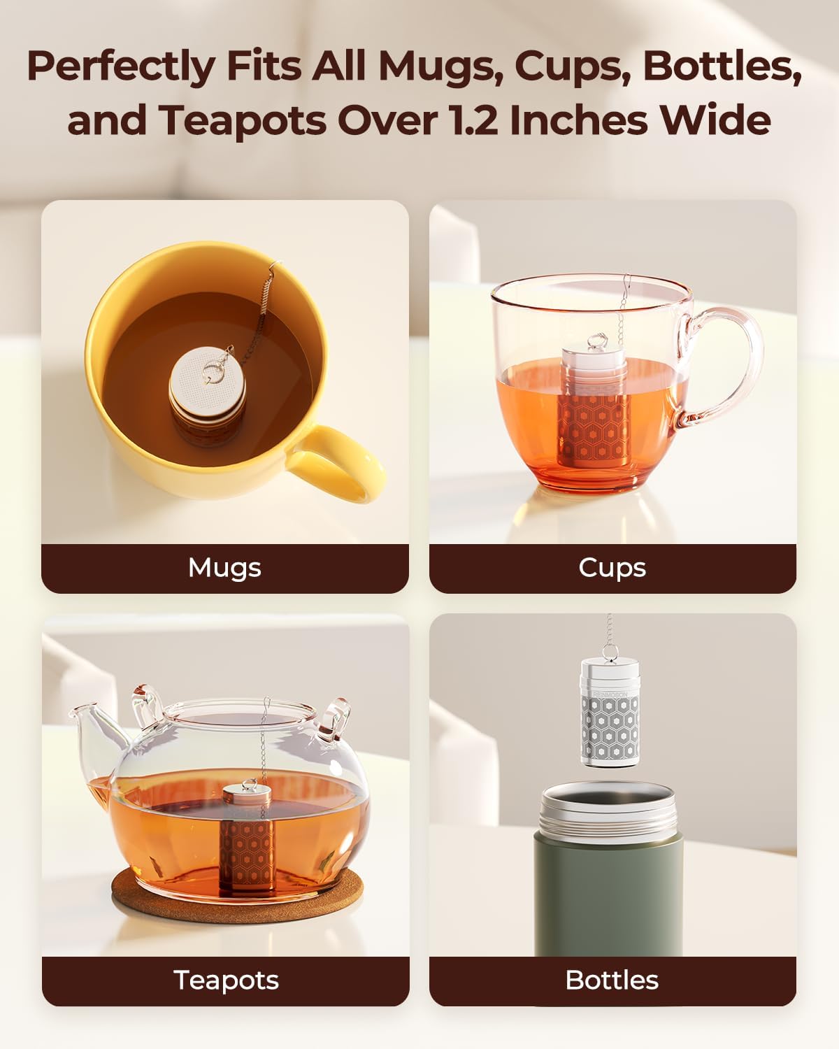 Reinmoson Mini Tea Strainer for Loose Tea Fine Mesh Tea Infuser 1.2”x2.2” | 304 Stainless Steel Tea Ball for Loose Leaf Tea, Updated Slim Threaded Lid, Tea Steeper for Cup, Mug, Teapot, Kettle, Bottle