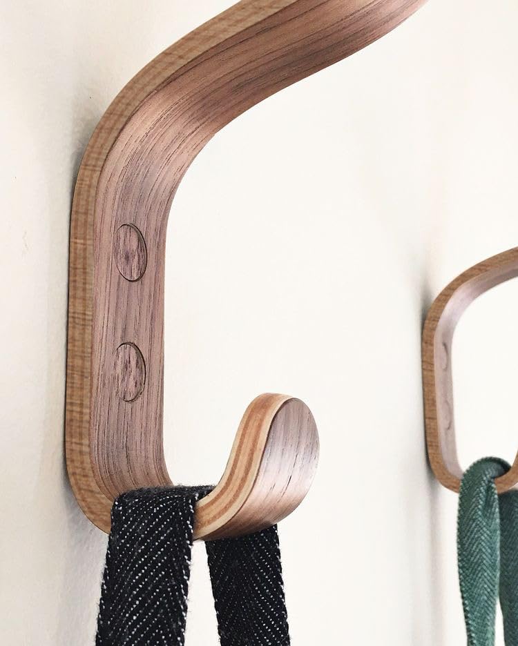 Plywood Wall Hooks Set of 4 Wood Coat Hooks Hanging Clothes Hats Robes Towels Wooden (Walnut)