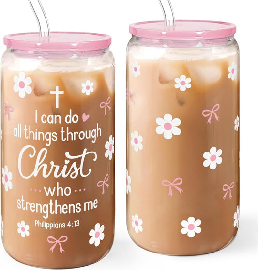 SANDJEST Christian Glass Can Tumbler 16oz, Inspirational Glass Cup with Lid & Straw, Iced Coffee Aesthetic Cups for Women