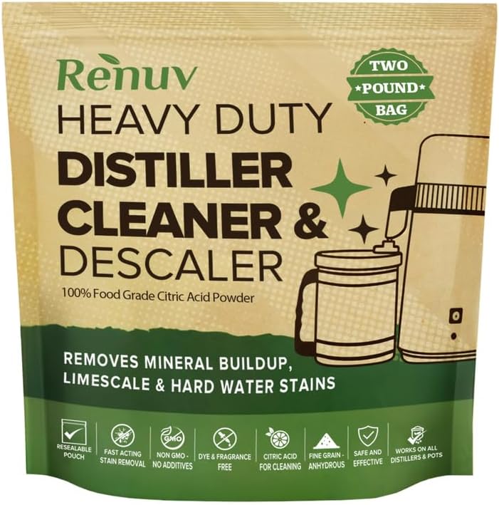 Renuv® Citric Acid for Cleaning &amp; Descaling Water Distillers, 2LB Bulk | Powder Descaler For Distillers, Kettles, Pots, Boilers, Dispensers, Removes Limescale, Mineral Buildup, Hardwater Stains
