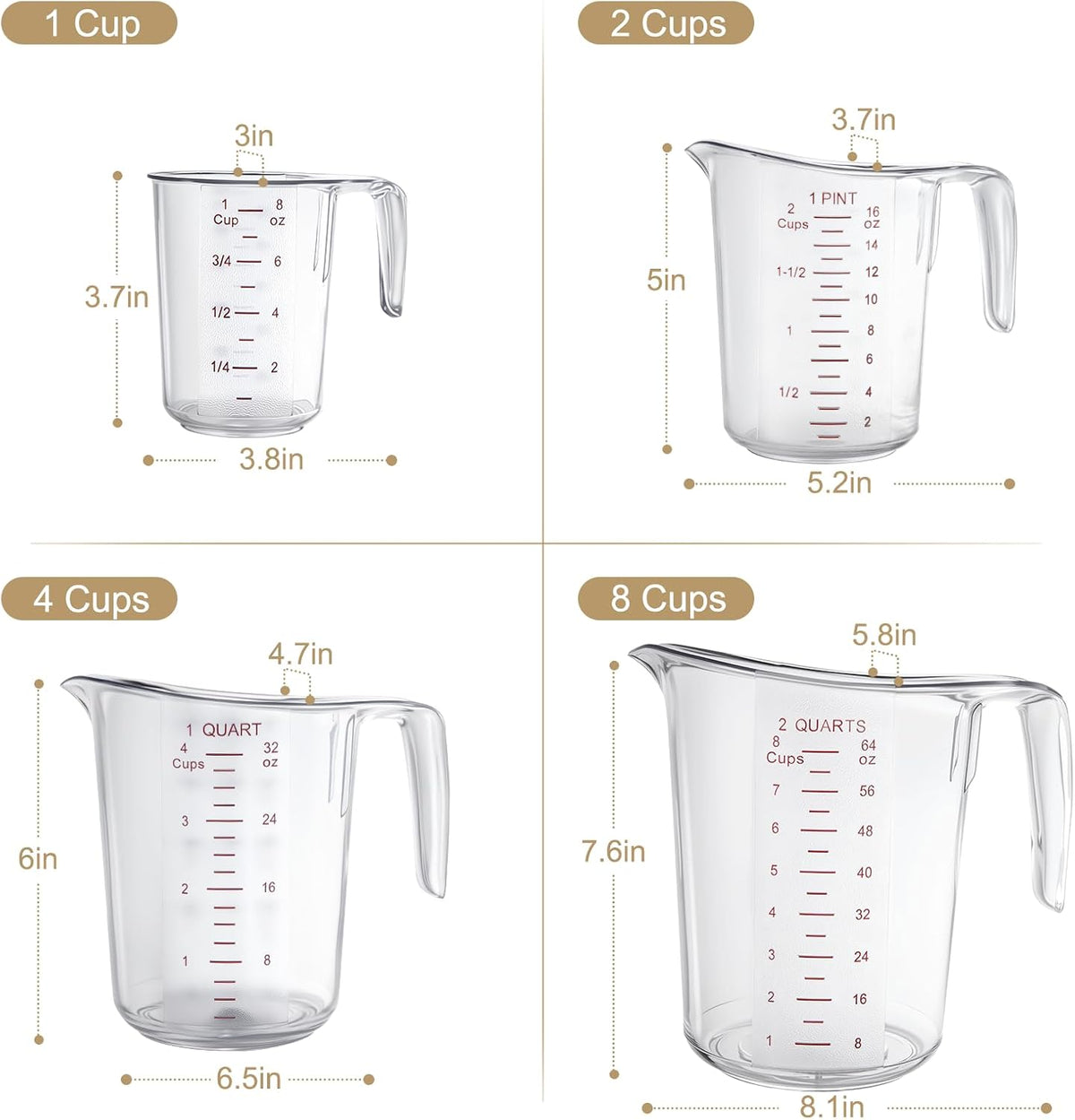 DaYammi Measuring Cups 4-Piece, Unbreakable Food-Grade Plastic Measuring Cup for Dishwasher, 1/2/4/8-Cup Nesting Liquid Measuring Cups for Prepping, Baking, Cooking, Readable Markings, Clear