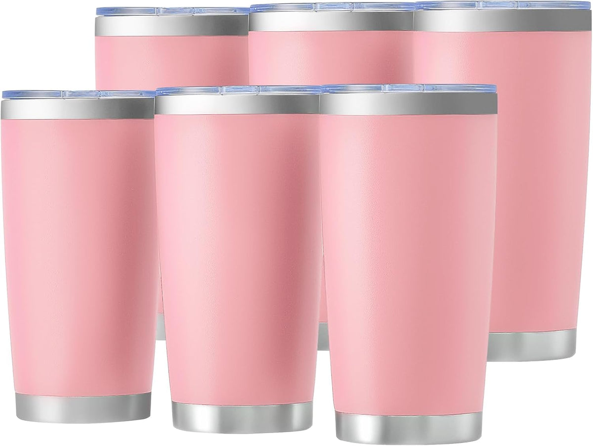 OMTech 20oz Tumbler Bulk, 6 pcs Stainless Steel Insulated Mug, Pink | with Lid &amp; Straw | Double Wall Vacuum | for Hot &amp; Cold Drinks | Travel Coffee Mug | for Laser Engravers