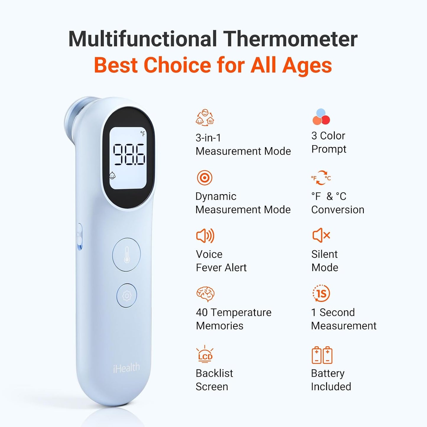 iHealth Infrared Digital Thermometer for Adults, Kids, Baby PT9L Blue | 3-in-1 Mode &amp; 3-Color Prompt, Fever Alarm &amp; Silent Mode, Forehead &amp; Object Detection, 40 Memory Storages