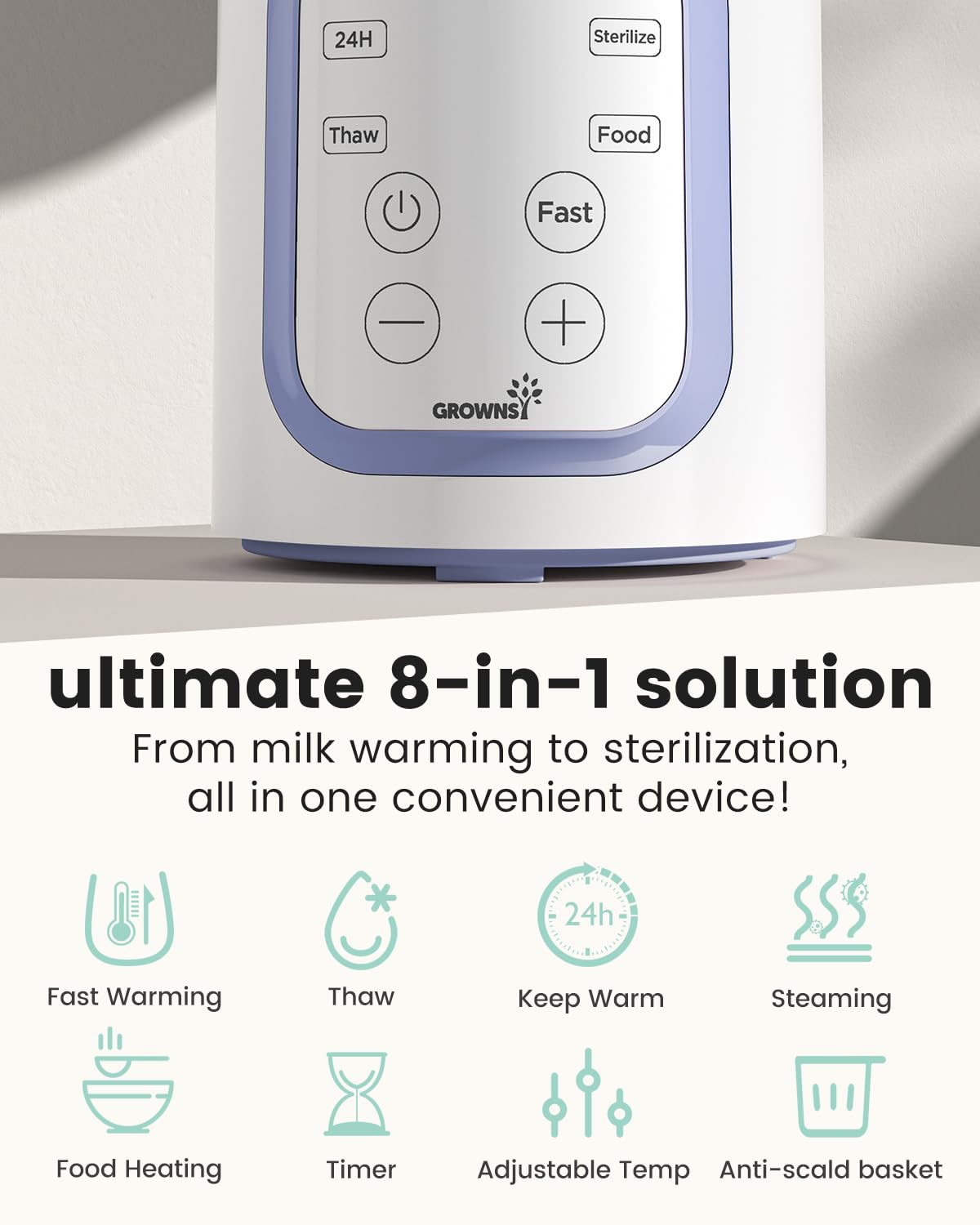 Grownsy 8-in-1 OG Fast Bottle Warmer with Timer, Purple