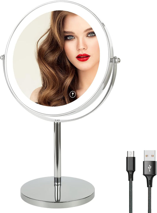 8" Lighted Makeup Mirror with Magnification, 1X/10X Magnifying Mirror with Light, Double Sided 360° Cordless Rechargeable, 3