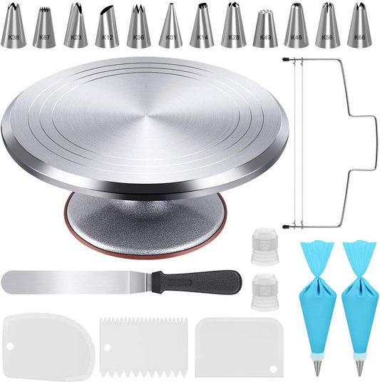 Kootek 22pcs Cake Decorating Supplies Kit, Baking Tools with 12" Aluminium Cake Turntable Rotating Cake Stand, Piping Bags