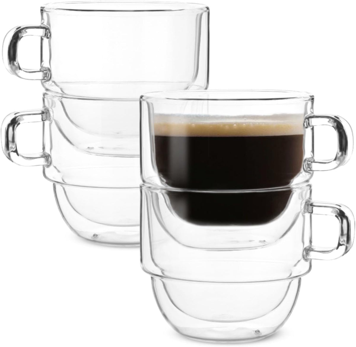BTaT- Stackable Insulated Coffee Mugs, 4 Pack, 8 oz(240 ml), Stackable Glass Mugs, Double Wall Glass Coffee Cups, Tea Cups