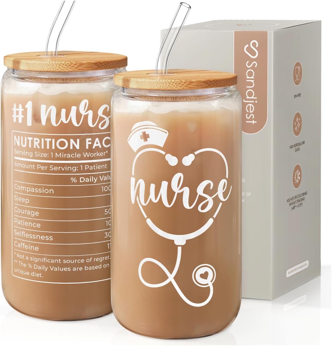SANDJEST Nurse Glass Can, Nutrition Facts Cup with Lid &amp; Straw, Iced Coffee Aesthetic Cups, Idea Gift for Christmas Birthday Nurse Week, Gifts for Women, 16oz