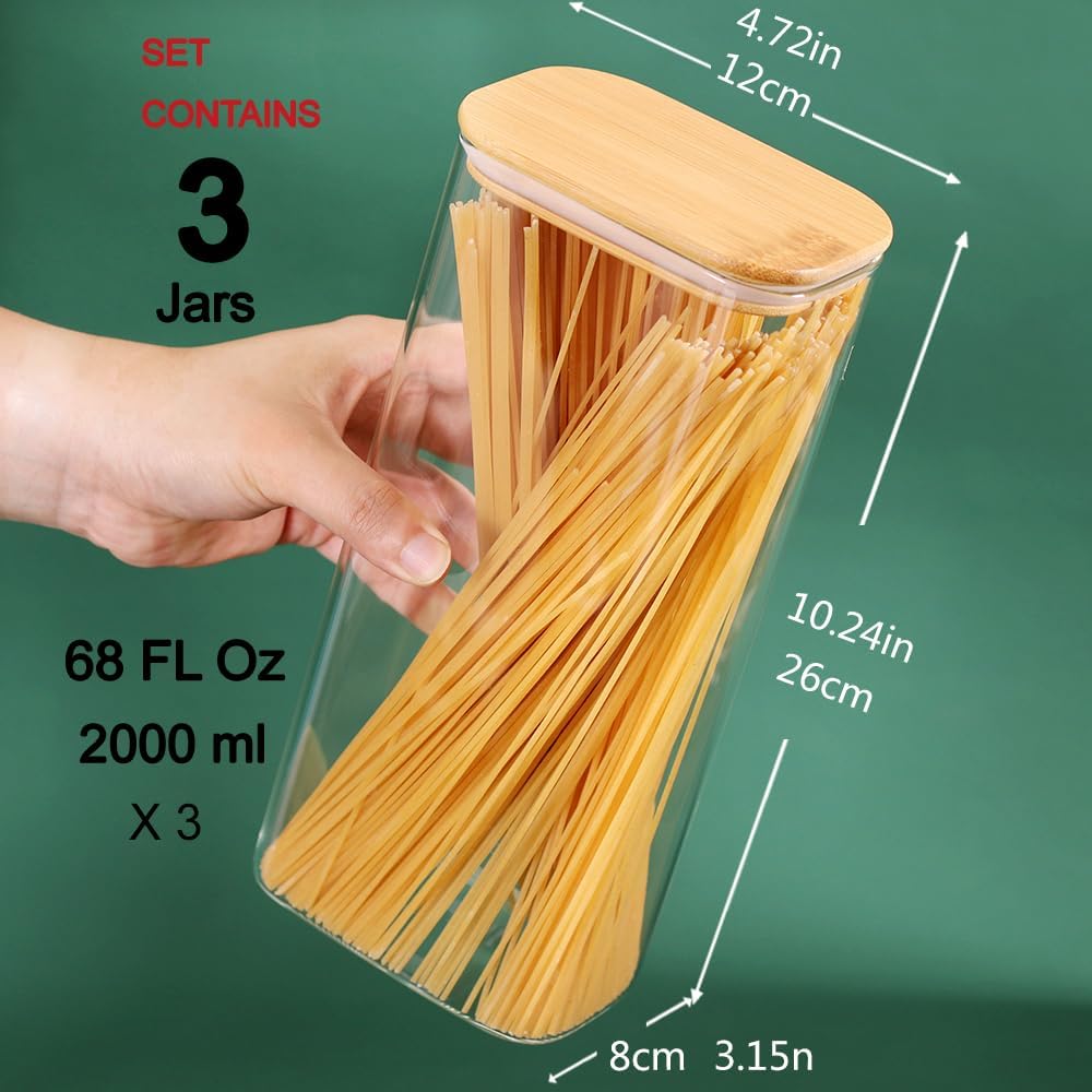 33OZ Airtight Glass Food Storage Containers with Lids - Set of 6 for Pantry, Cereal, Flour & Rice Dispensing - Rectangle Shapes with Bamboo Lids - Ideal for Kitchen Organization & Meal Prep