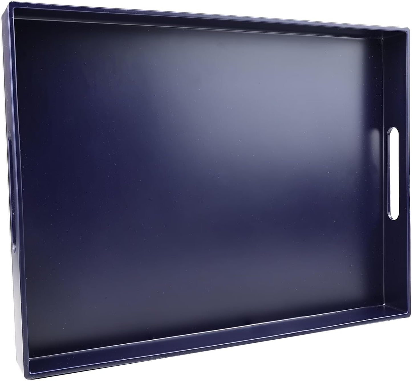 Navy Blue Serving Tray for Coffee Table, Rectangular Plastic Decorative Tray with Handles for Entert