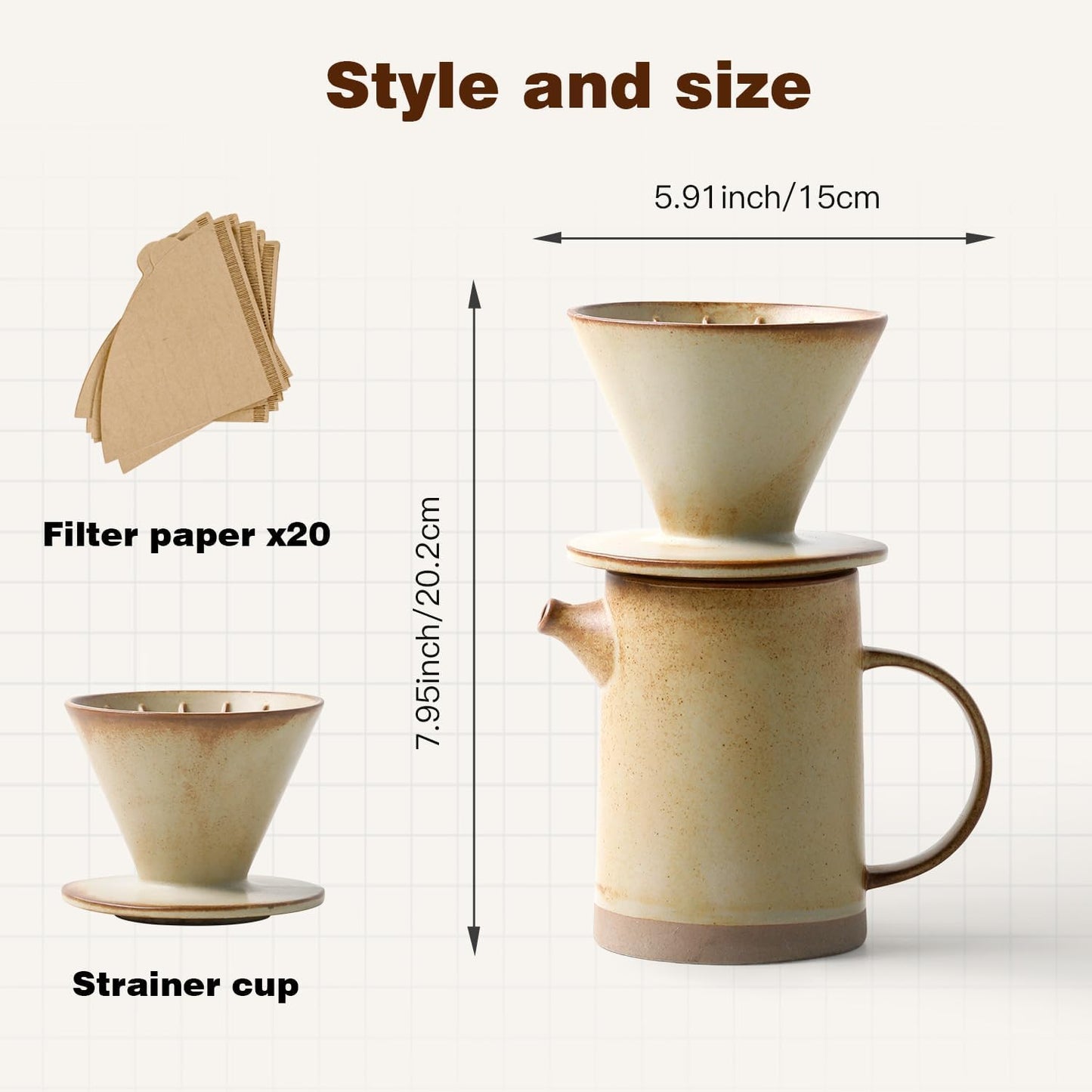 DIF DECO Pour Over Coffee Maker Set Vintage Ceramic Pour Over Coffee Dripper Set with 20 Count Paper Coffee Filters,for Home Café Restaurant Camping,15.8 Ounces(Yellow)