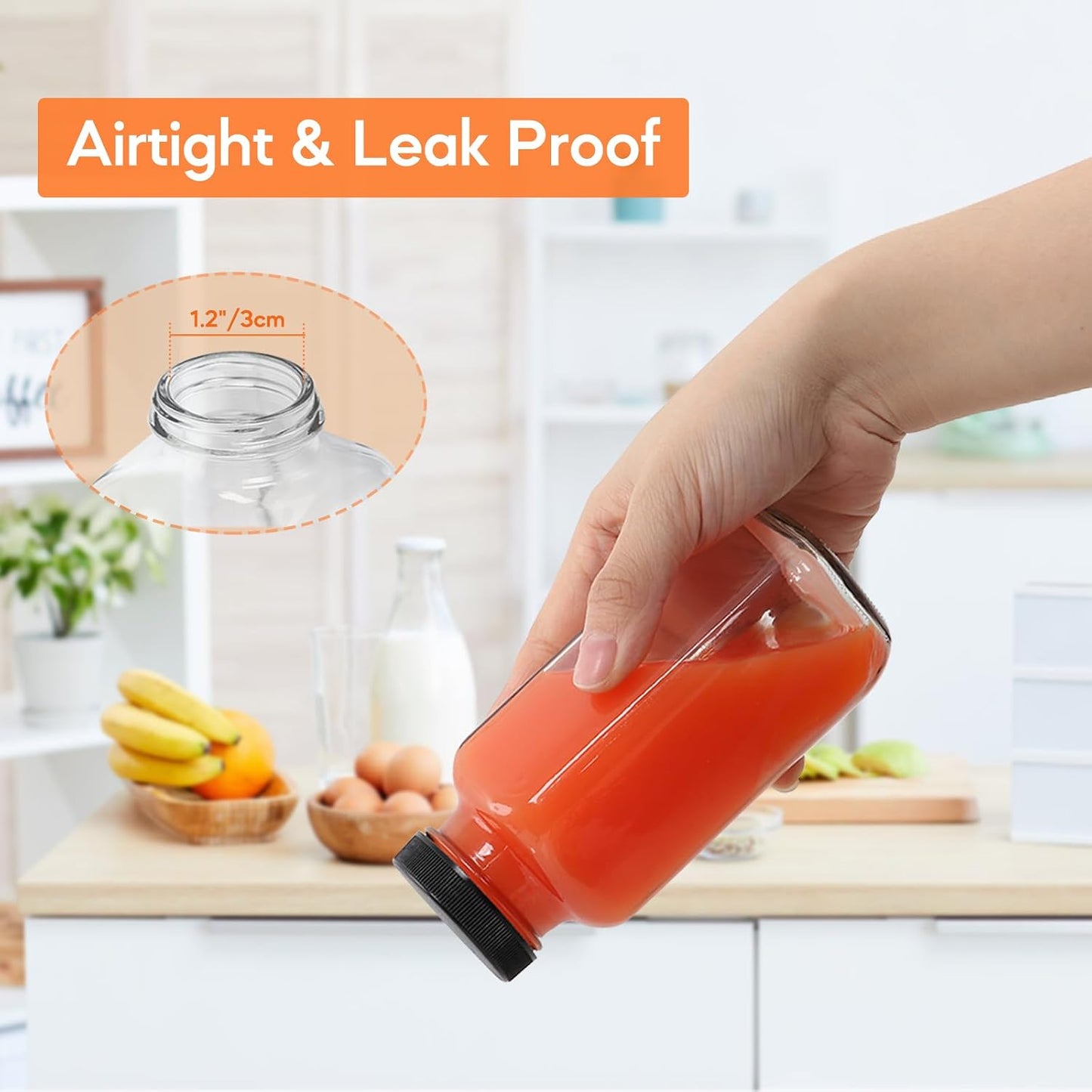STARSIDE 8oz 3-Pack Glass Juice Bottles with Leak-proof Lids | Square Reusable Drinking Jars for Juicing, Milk, Kombucha - Includes 1 Bottle Brush, 6 Colored Labels