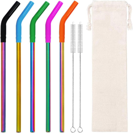 Lazycorner Reusable Stainless Steel Straws Metal Straw with Silicone Tip 5 Pcs 8mm Wide for 20/30/32oz Tumblers Smoothies