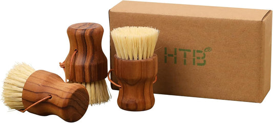 Teak Dish Scrub Brush 3PCS by HTB, Good Grip Small Wooden Dish Brush with Teak Handle & Sisal Bristles for Kitchen, Wood