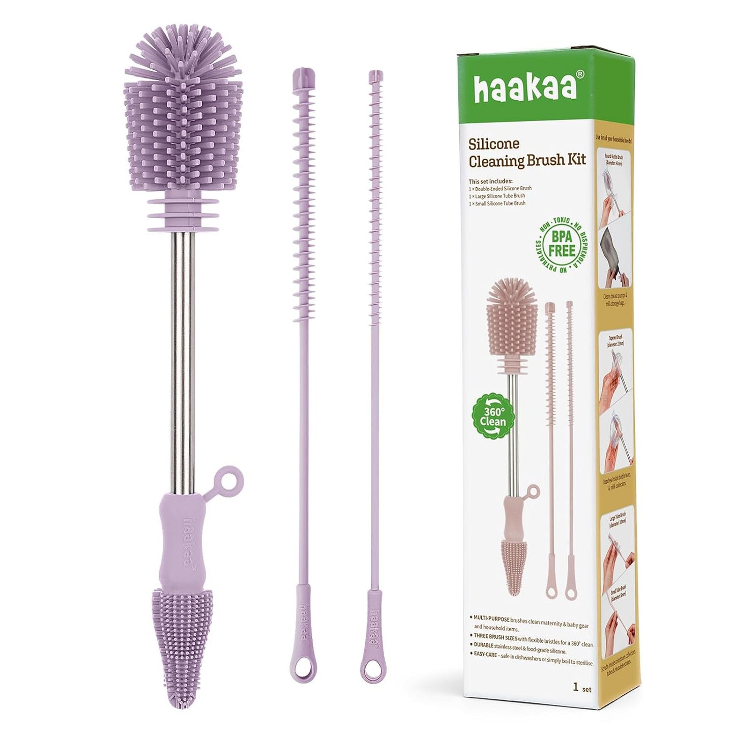 haakaa Silicone Cleaning Brush Kit - Baby Bottle Brush Cleaner for Breast Pump,Nipple,Breast Milk Storage Bag,Reusable Straw,Sippy Cup - Food Grade Silicone Bristles, Portable - 3 Pcs - Lavender