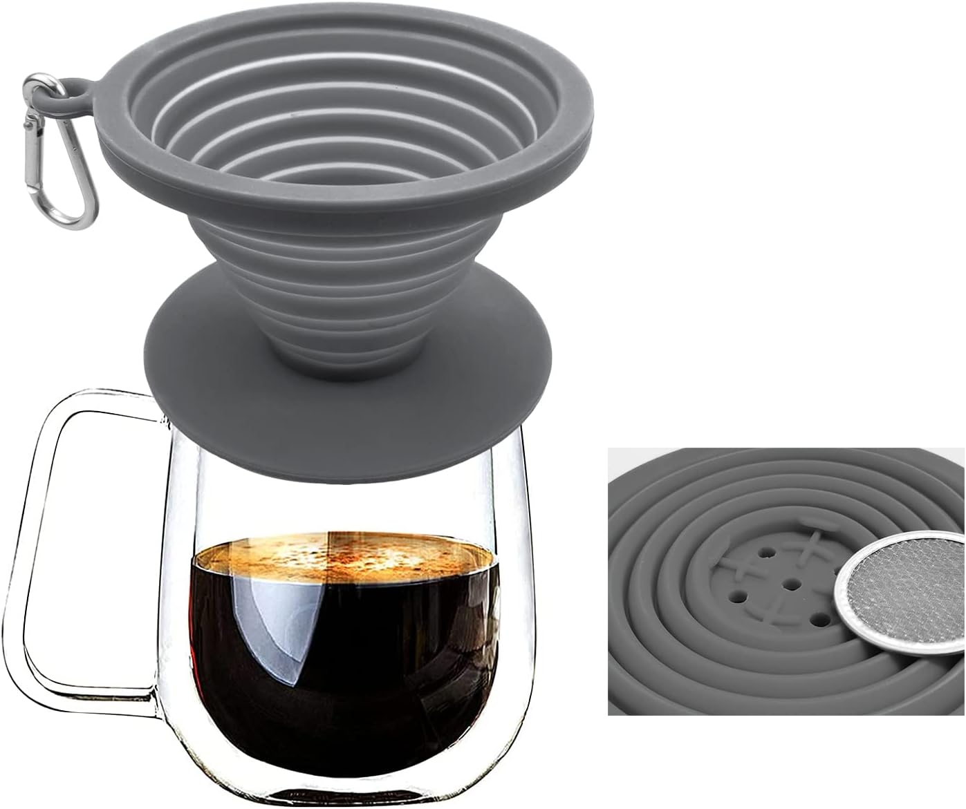 Collapsible Coffee Dripper Pour Over Coffee Filter, Silicone Reusable Coffee Maker,Paperless Coffee Brew Maker,Dishwasher Safe,Carabineer for Hiking, Backpacking,Camping,Home,Office(Grey)