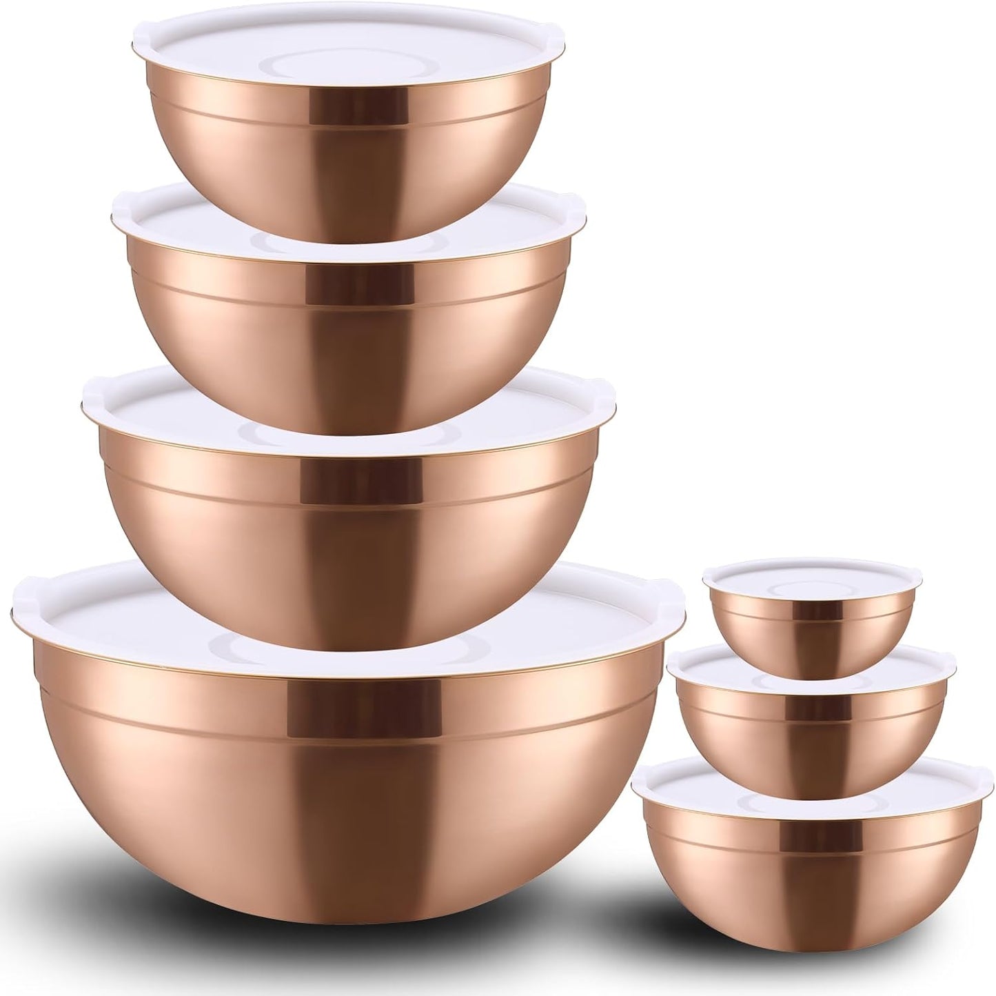Rose Gold Mixing Bowls with Lids Set of 7, Stainless Steel Nesting Bowl with Khaki Lid for Non-slip 