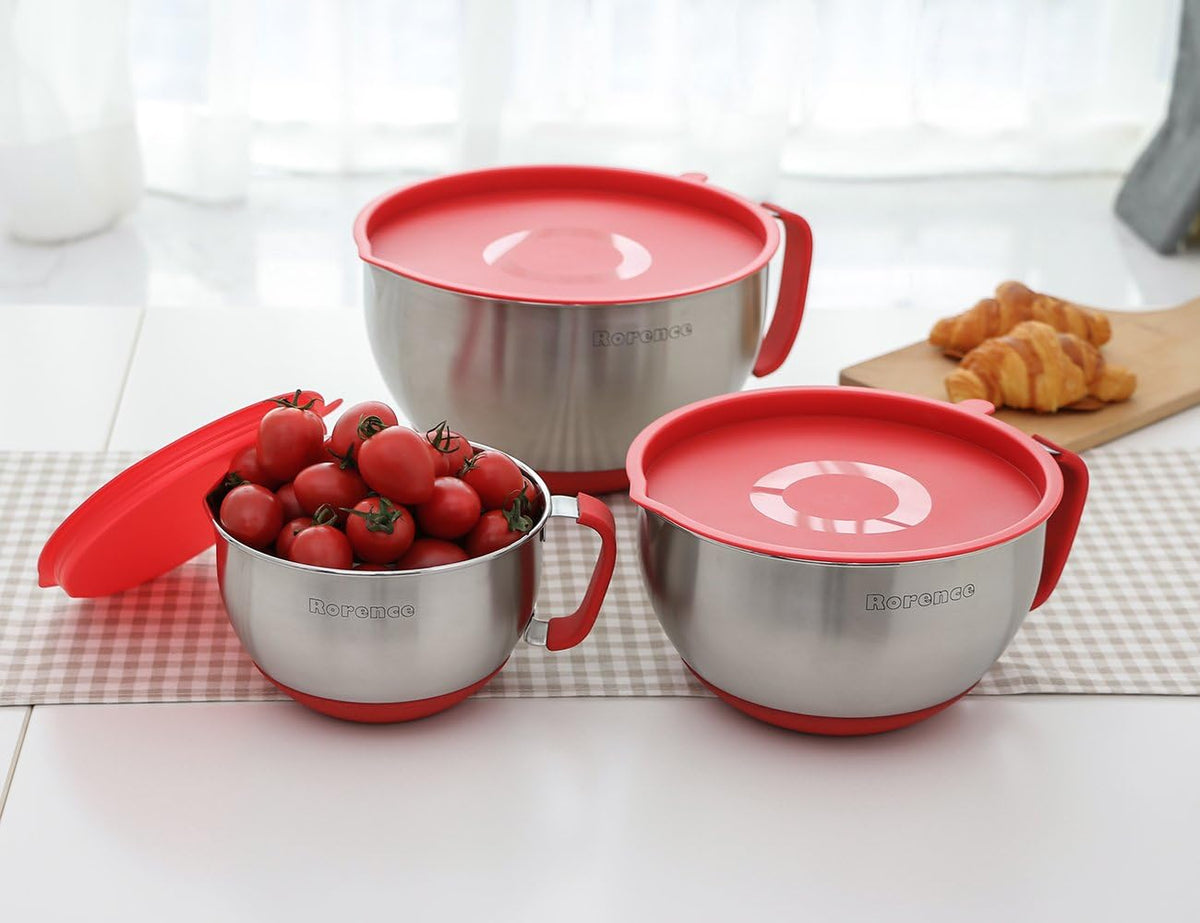 Rorence Stainless Steel Mixing Bowls Set with Lids,1.5,3 &amp; 5 Qt,Red
