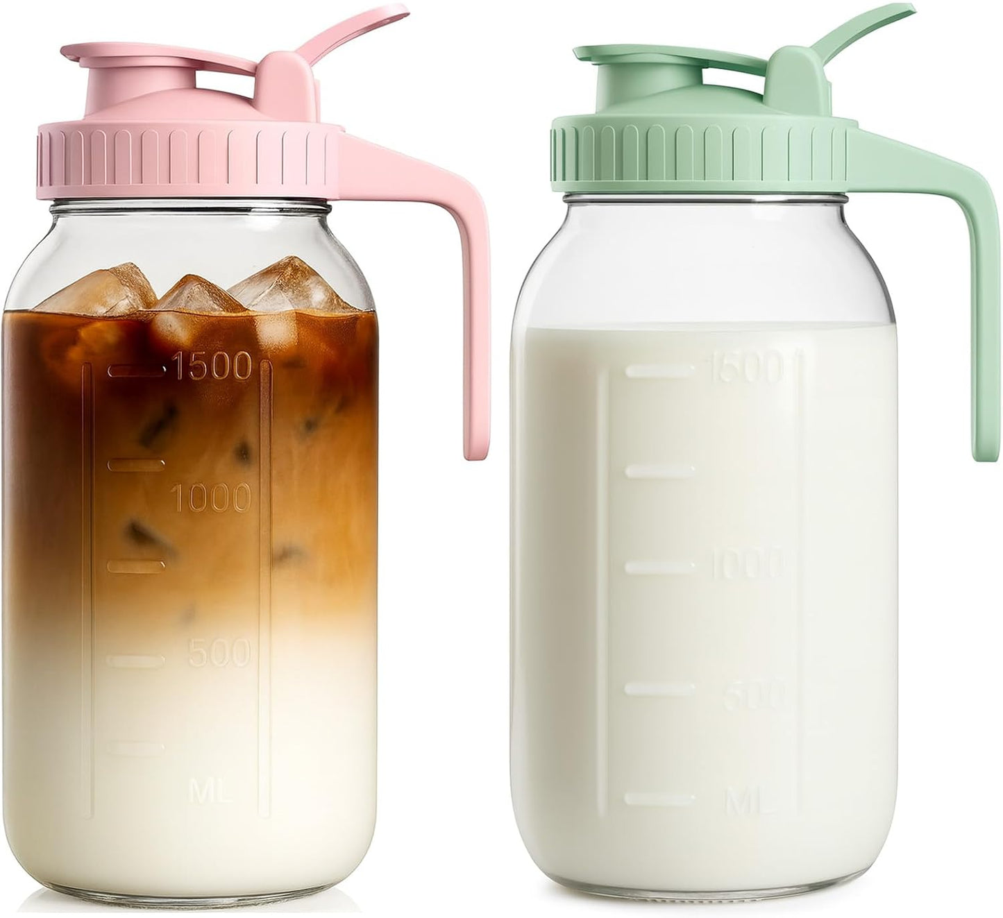 Mason Jar Pitcher Set of 2, 64oz (2quart) Glass Pitcher with Lid for Tea | Airtight, Leak proof, Ergonomic Handle, Pour Spout Lid, Fridge Safe, for Sun Tea, Iced Tea, Cold Brew, Lemonade, Outside