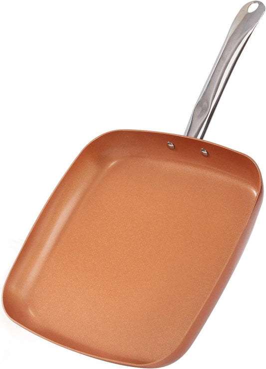 Non-Stick Copper Square Frying Pan, 12" Chef Skillet with Ceramic Coating, Oven Dishwasher Safe, PFOA-Free, Home Use for All Stoves