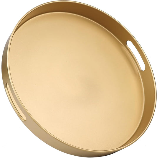 Round Gold Decorative Serving Tray with Handles, 13” Versatile Ottoman Tray for Coffee Table, Entertaining, Outdoor Patio,