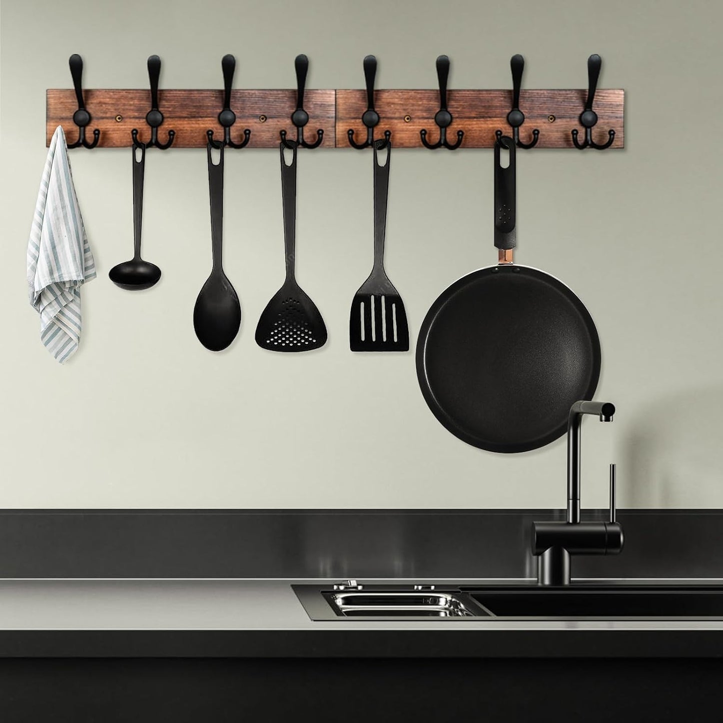 IBosins Wall Mounted Coat Rack, 31.4" Long with 8 Black Rustic Tri-Hooks