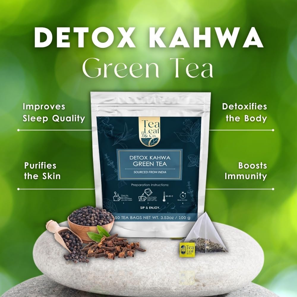 Detox Kahwa Green Tea (3.5oz / 100gm), Natural Herbal Infusion, 50 Tea Bags