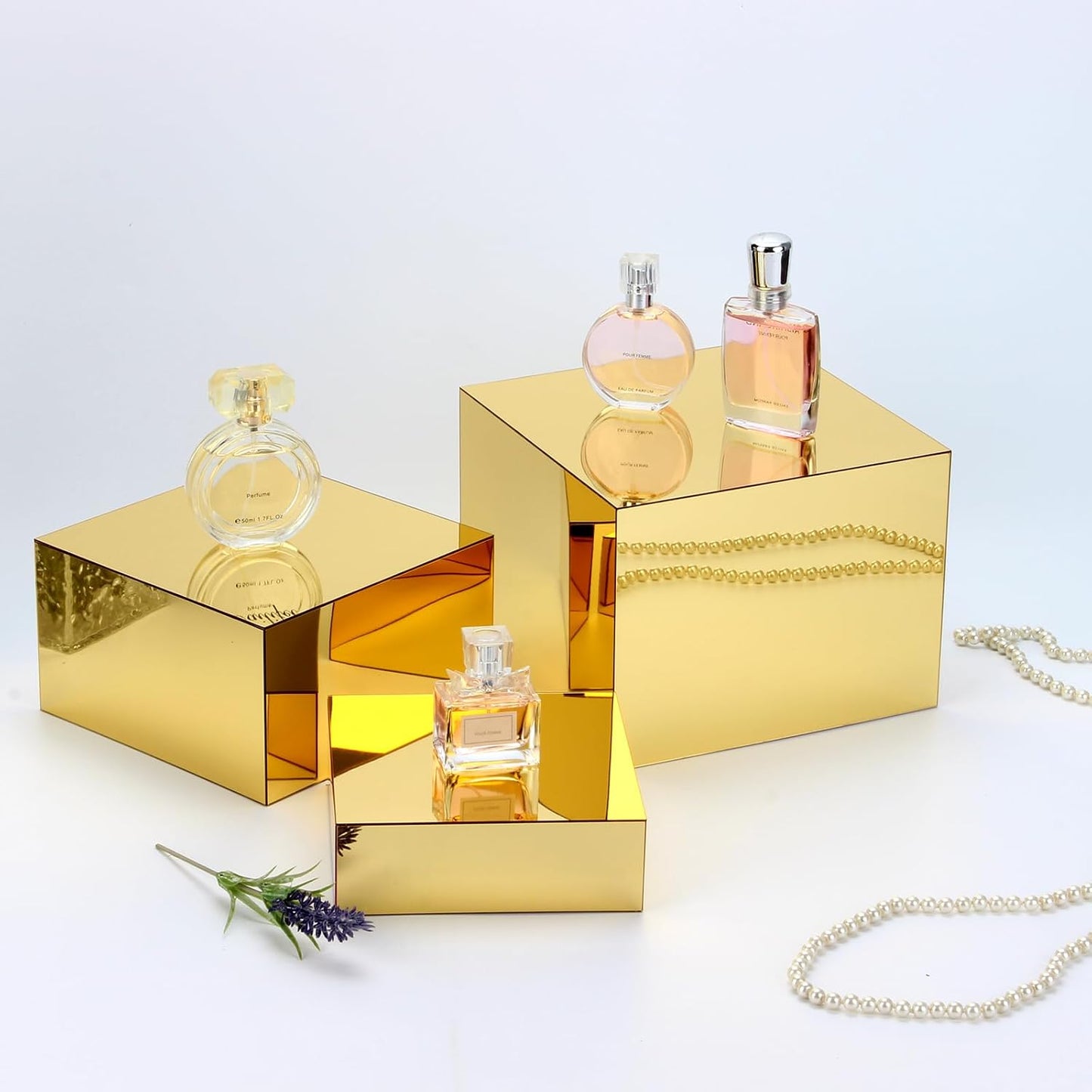 3 Pcs Acrylic Display Nesting Riser Stand Mirror Gold Acrylic Riser | Display Cube Box Stereoscopic Display Stand Acrylic Food Display Risers for Catering Dessert Jewelry Character Party