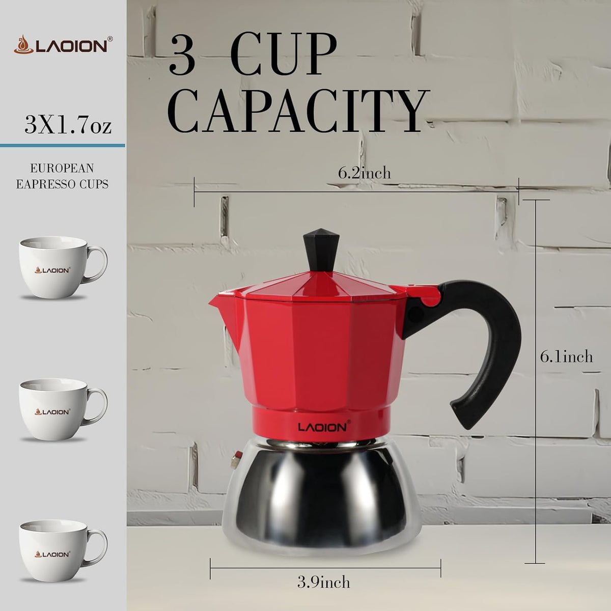 LAOION Stovetop Espresso Maker, 3Cup Moka Pot, Espresso Machine | Compatible with Induction Cooktops, 150ml Stainless Steel &amp; Aluminum Cuban Coffee Maker for Cafetera Cubana, Red