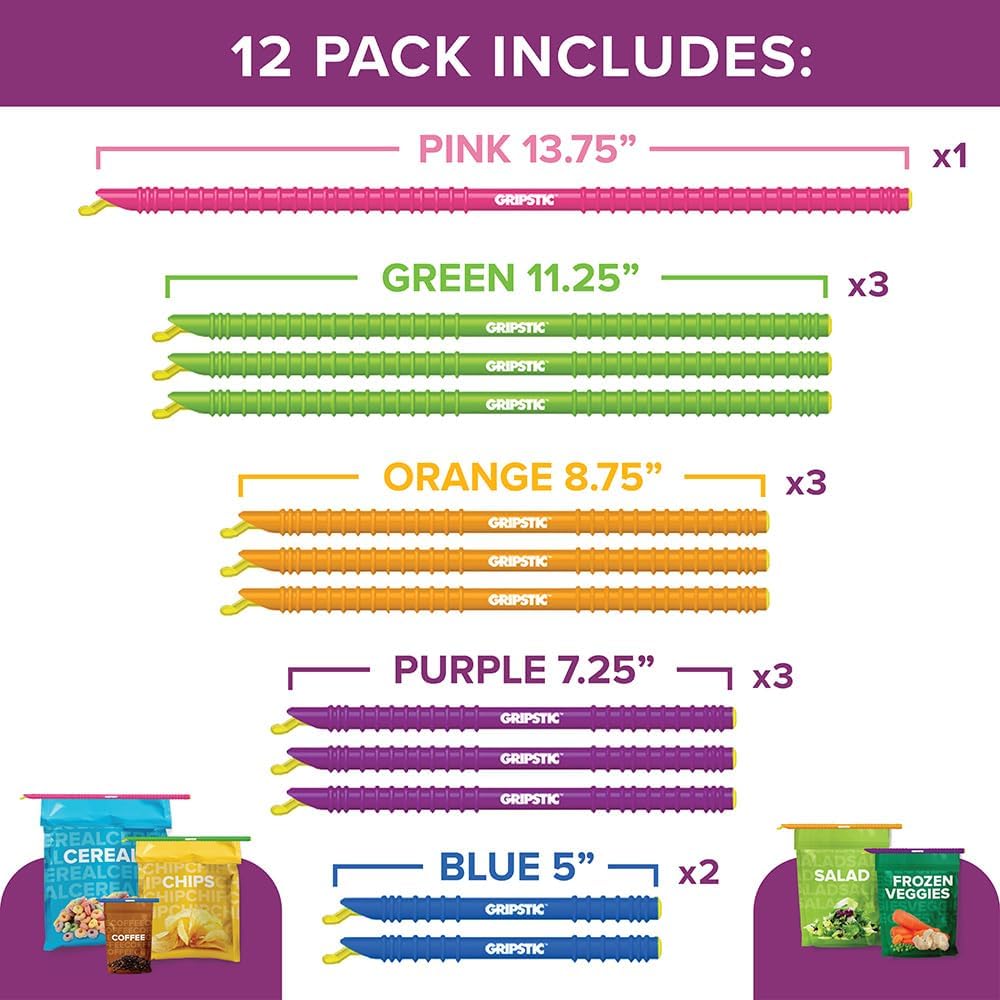 GripStic 12 Pack Assorted Food Bag Sealers Reusable Chip Clips Bag Clips
