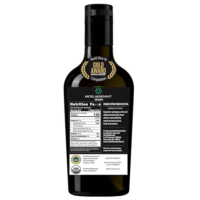Green Robust Organic 500+ mg/kg Polyphenols Rich Italian Extra Virgin Olive Oil from Italy, 2025 Gold Award, High Antioxidants Peppery Finish, Sicily Certified Origins, Cold Pressed - 16.9 fl oz