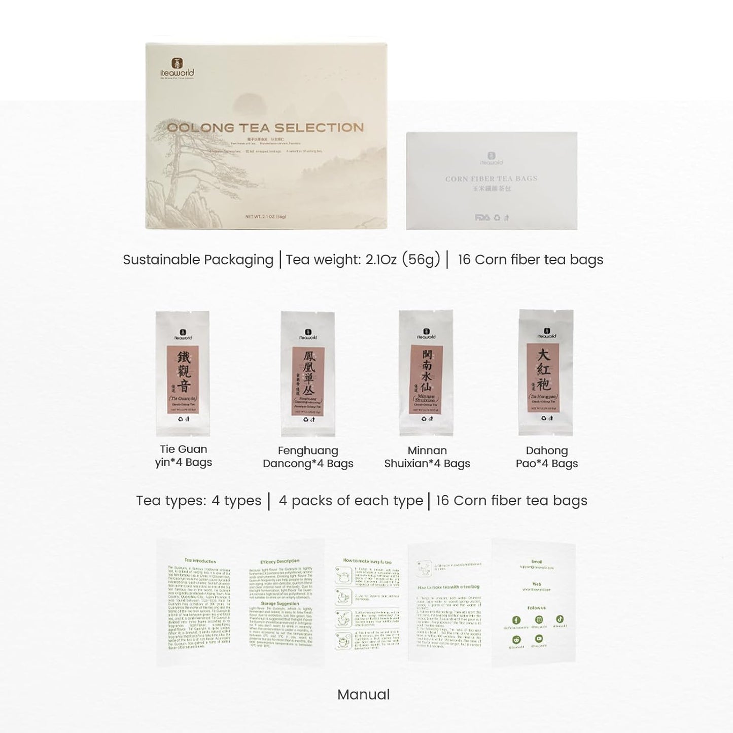 iTeaworld 4 Flavors Oolong Loose Leaf Tea Sampler, Up to 112 Cups(2.1oz) | Up to 110 Cups|Dahongpao,Fenghuang Dancong ect.|High to Low Caffeine|20 Individually Wrapped Packs|Tea Variety Gift Set
