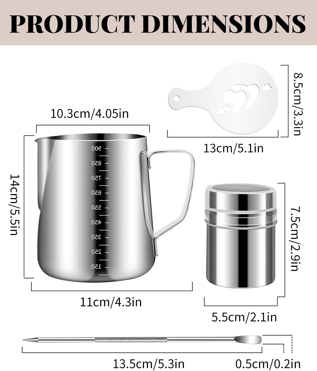 Milk Frothing Pitcher, 900ml/32oz Stainless Steel Milk Frother Cup Steaming Pitcher Espresso Machine Accessories with Decorating Art Pen, Powder Shaker, 16 PCS Coffee Decorating Stencils